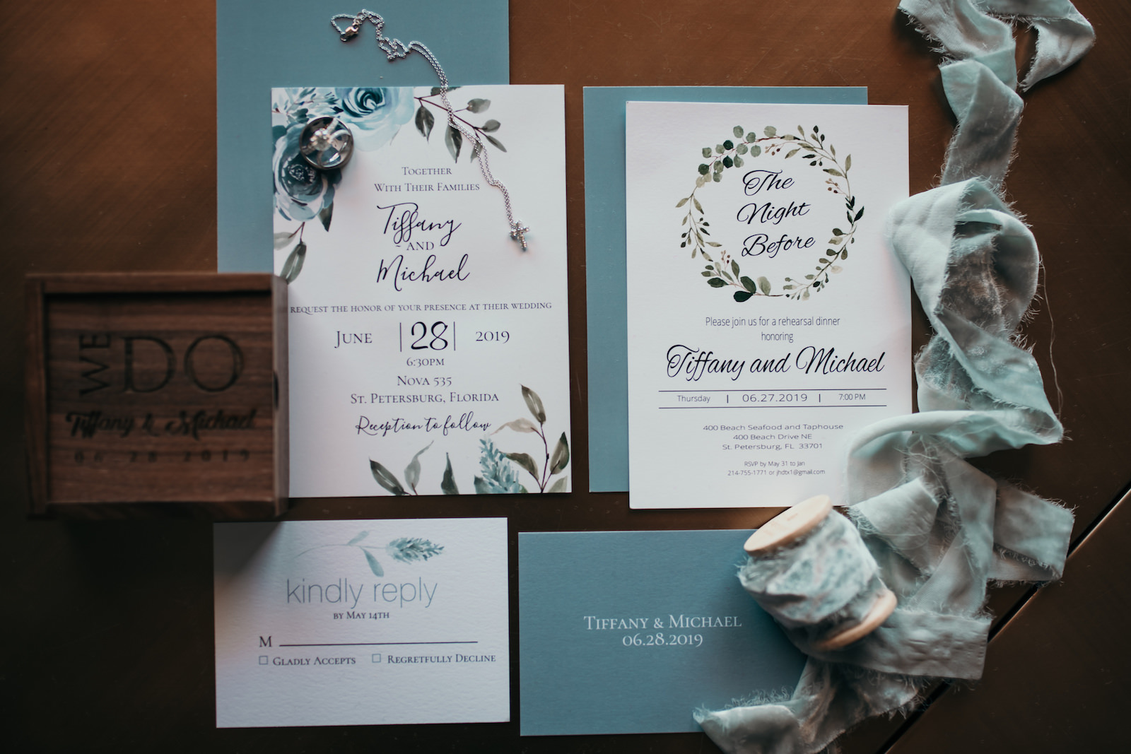 Elegant Dusty Blue Wedding Invitation Suite with Watercolor Floral and Greenery Accents