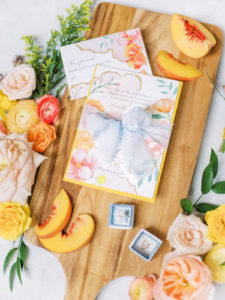 Elegant, Springtime Inspired Wedding Invitation Suite, Yellow, Blue, Peach Floral Watercolor Stationary with Gold Accents, Dusty Blue The Mrs. Ring Box | Tampa Bay Wedding Planner Kelly Kennedy Weddings and Events