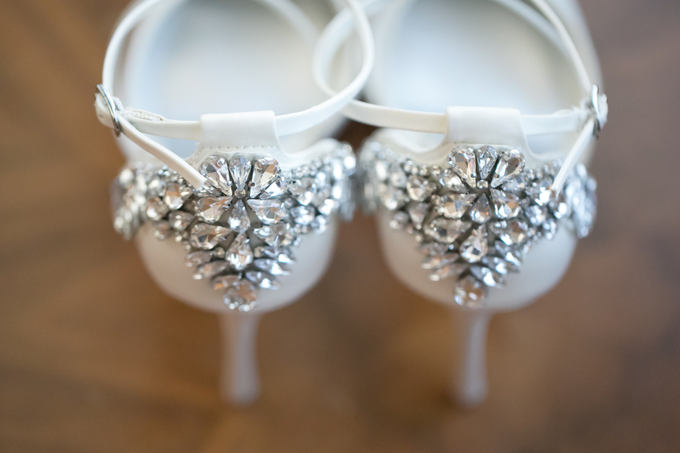 White Bridal with Chunky Rhinestone Heel Wedding Shoes | Wedding Photographer Carrie Wildes Photography