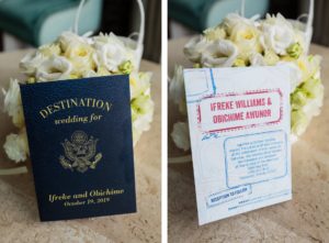 Travel Themed Wedding Decor, Passports and White Floral Bouquets | Tampa Bay Wedding Planner Special Moments Event Planning