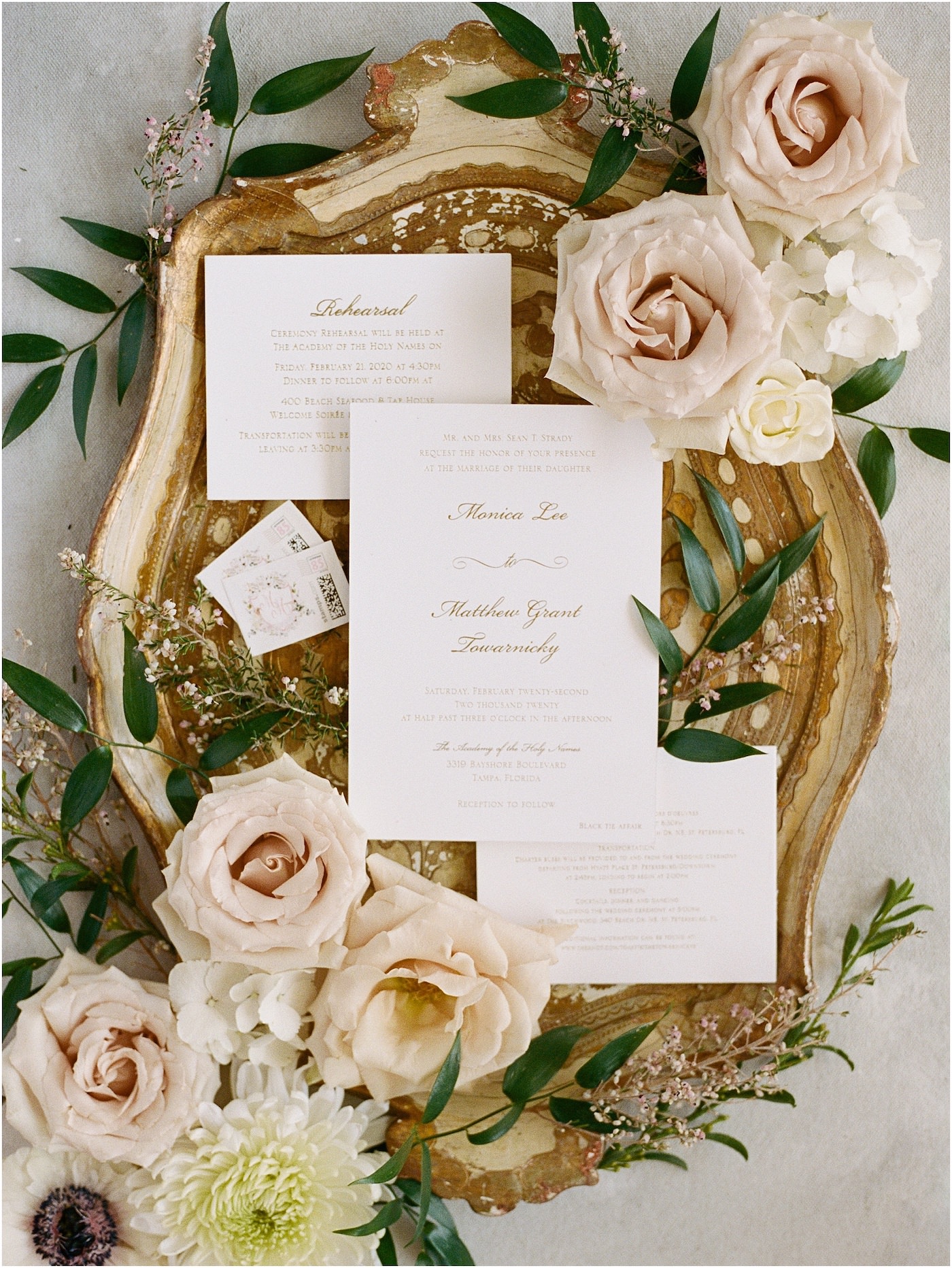 Tampa Wedding Stationery Suite Lay Flat Photo with Ornate Gold Tray and Champagne Rose Flowers | Classic Wedding Invitation with Gold Calligraphy