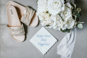 Modern Florida Bridal Details, Custom Embroidered Handkerchief, Badgley Mischka Bridal Pearl Strap Sandal Shoes, White Bridal Bouquet with Roses, Hydrangeas and Greenery Eucalyptus | Tampa Bay Wedding Photographer Bonnie Newman Creative
