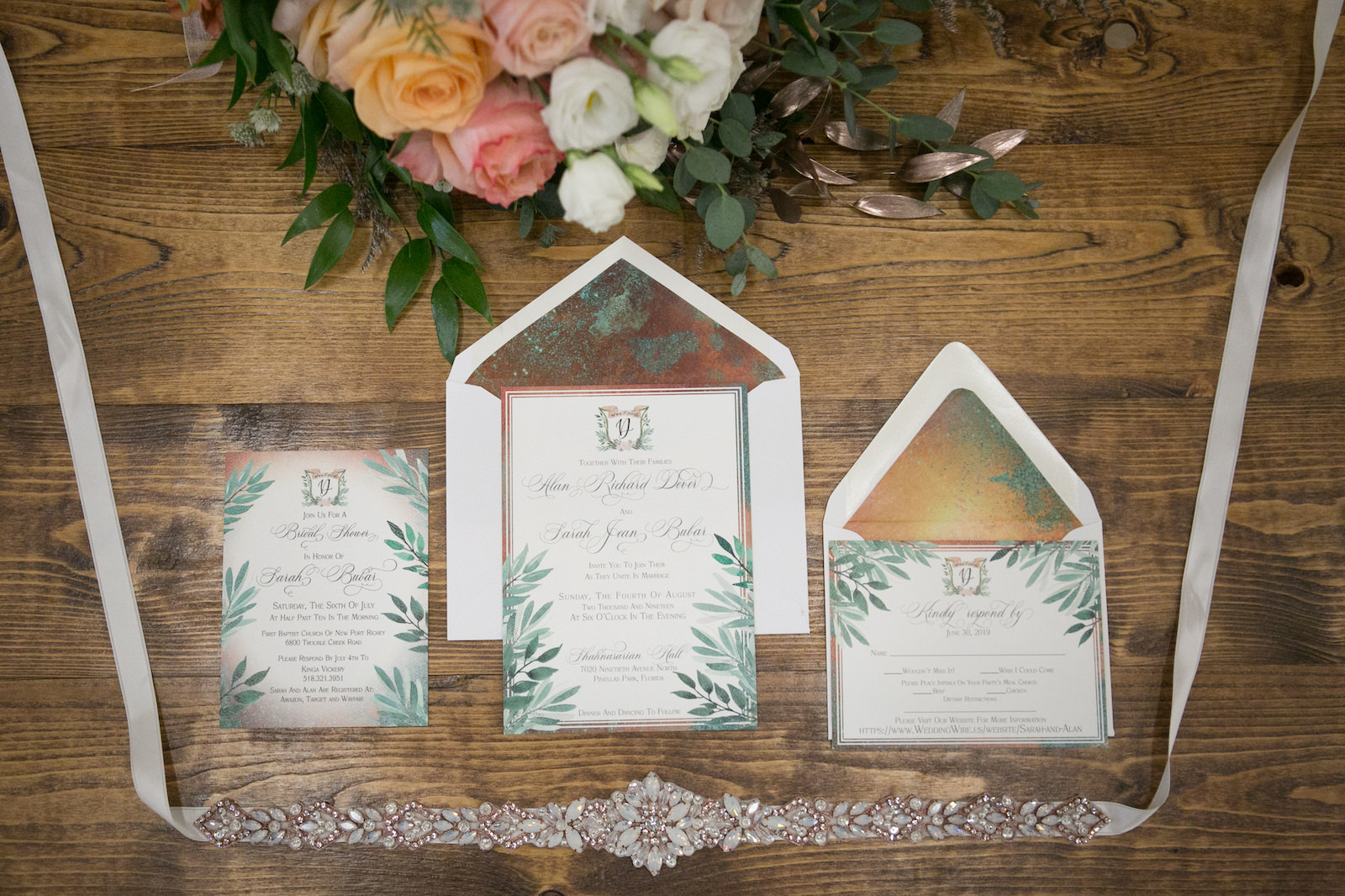 Watercolor Greenery Leaves, Copper and Patina with Gold Foil Envelope Wedding Invitation Suite, Rhinestone Bridal Belt | Wedding Photographer Carrie Wildes Photography