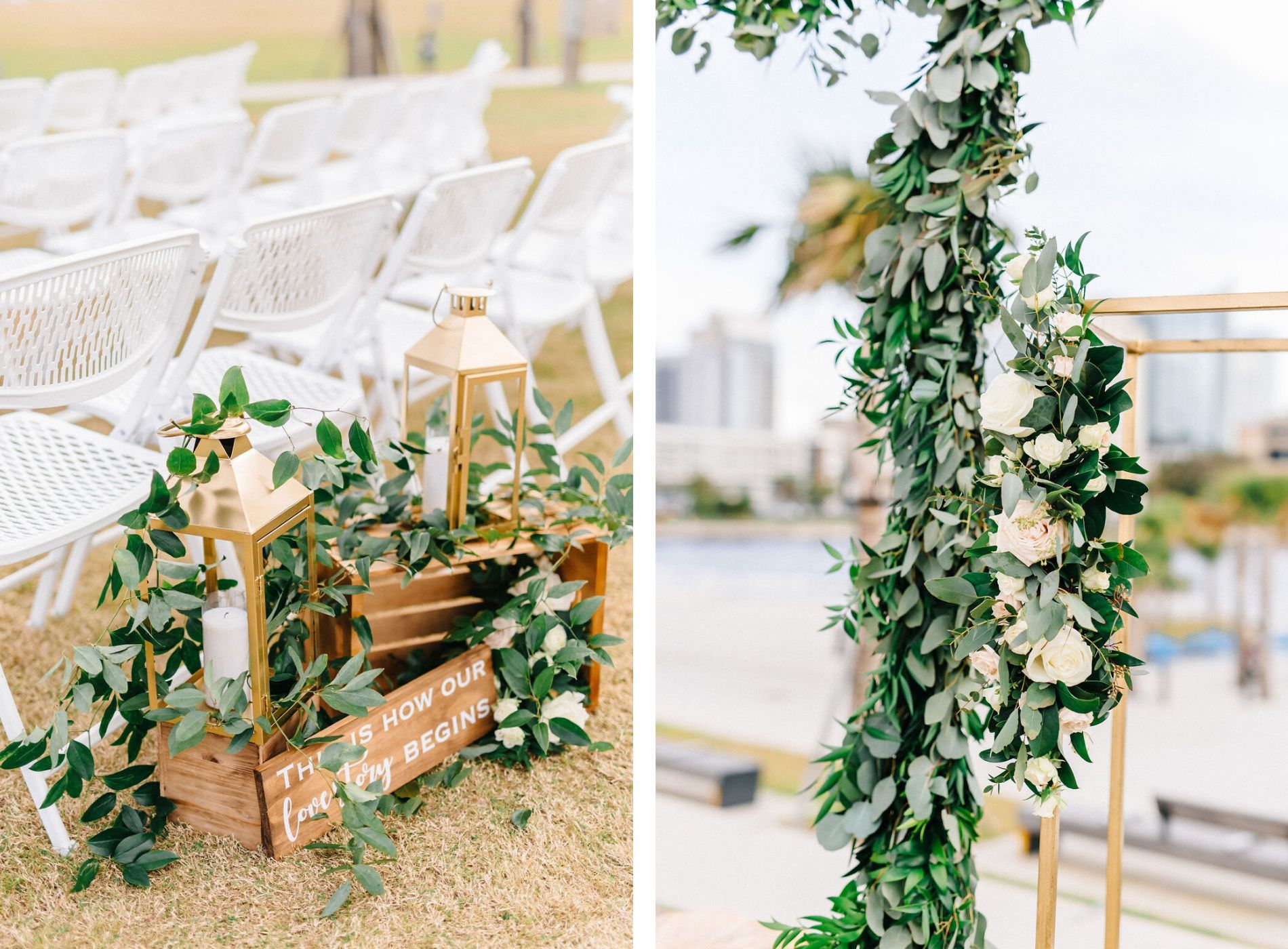 Classic Florida Outdoor Wedding Ceremony with Elegant Decor, Gold Lantern Accents, White and Ivory Roes with Greenery | Tampa Bay Wedding Planner UNIQUE Weddings and Events