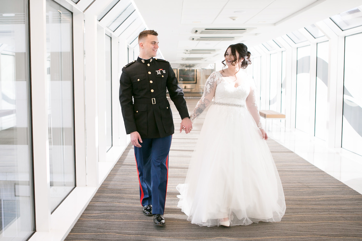 Whimsical Bride and Military Groom in Dress Blues Uniform Wedding Portrait | Wedding Photographer Carrie Wildes Photography