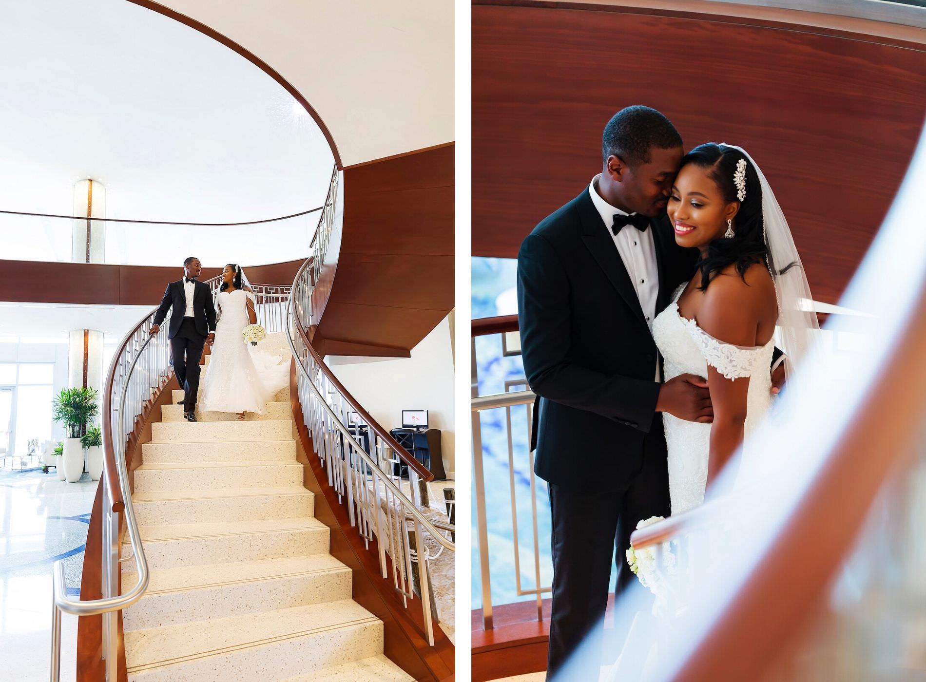 Bride in Romantic Lace Off the Shoulder Wedding Dress Holding Ivory Floral Bouquet First Look Wedding Portrait with Groom on Staircase | Clearwater Beach Wedding Venue Duvall Ballroom Center
