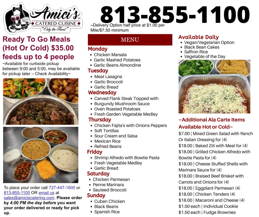 To Go Meal Menu | Tampa Bay Wedding Caterer | Amici's Catered Cuisine