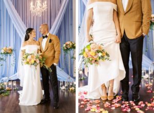 Sophisticated South Tampa Bride and Groom During Intimate Styled Shoot Wedding, Elegant Ceremony Decor with Lush Velvet Blue Draping, Romantic Crystal Chandelier, Decorated with Springtime Inspired Florals, Pink Roses, Peach Carnations, Yellow Flowers, Pops of Gold Accents with Greenery, Bride in Off the Shoulder Long Sheath Wedding Dress, Groom Wearing Mustard Yellow Suit Jacket from The Black Tux, Showing Wedding Shoes Open Toe Sam Edelman Yaro Block Heel Sandals | Tampa Bay Wedding Planner Kelly Kennedy Weddings and Events | Florida Luxury Rental Company Kate Ryan Event Rentals