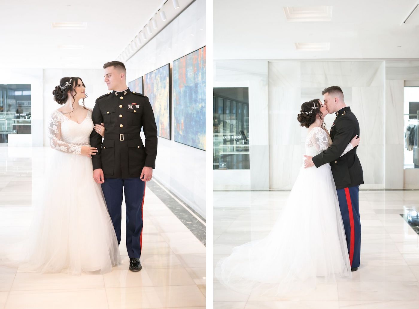 Romantic Whimsical Bride in Empire Waist Lace and Tulle Long Sleeve Wedding Dress and Military Groom in Dress Blues Uniform Portrait | Wedding Photographer Carrie Wildes Photography | Wedding Hair and Makeup Michele Renee the Studio