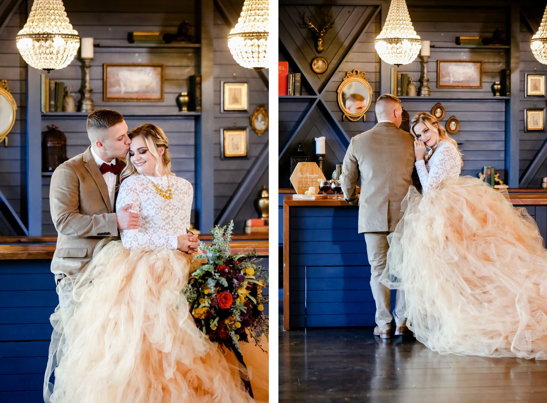 Vintage Boho Chic Inspired Florida Bride and Groom Wedding Portrait, Boho Bride Wearing Oversized Blush Orange Long Tulle Skits, White Lace Long Sleeve Top, Holding Vintage Wildflower Bouquet, with Orange, Purple, Yellow, Red, Eggplant and Ivory Floral Stems, Thistle, Roses, Groom in Neutral Brown Tux with Velvet Bowtie | Florida Wedding Planner Blue Skies Weddings and Events | Downtown St. Petersburg Wedding Photographer Lifelong Photography Studio | Unique Tampa Bay Wedding Venue Station House in DTSP