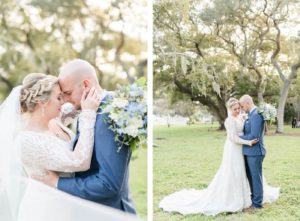 Bride and Groom Outdoor Garden Portraits | Ivory Lace Long Sleeve V Neck Bridal Gown and Groom in Blue Suit with Bow Tie | Blue and White Bridal Bouquet
