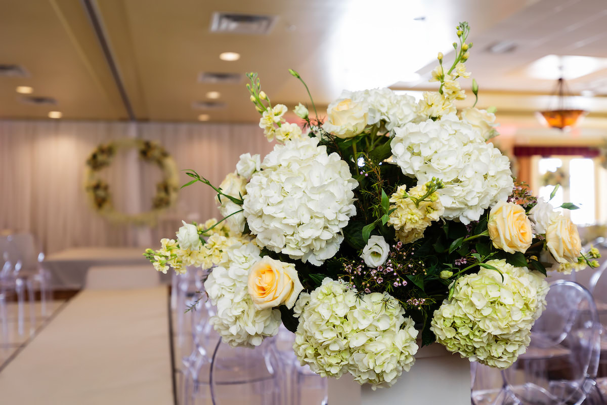 Classic Romantic White Hydrangeas, Yellow Roses, Floral Arrangement on Pedestal Wedding Ceremony Decor | Tampa Bay Wedding Planner Special Moments Event Planning