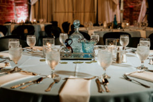Vintage Inspired Wedding Reception Decor, Low Sky Blue Centerpieces with Antique Glass Vases, Light Blue Table Linens | Tampa Bay Wedding Photographer Bonnie Newman Creative | Unique Florida Wedding Venue NOVA 535