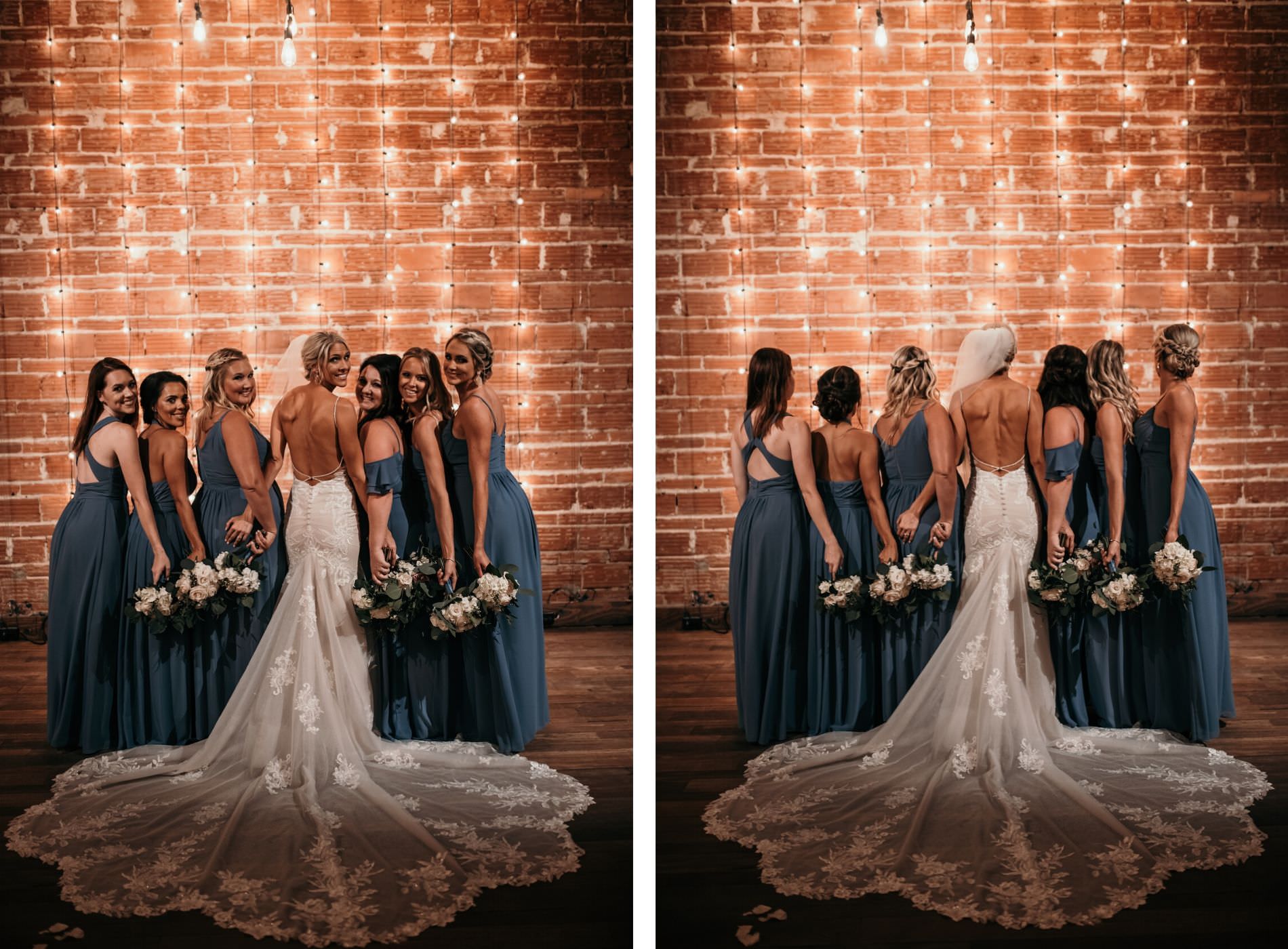 Tampa Bay Bride and Bridesmaids Wedding Portrait, Bridesmaids in Mix and Match Long Dusty Blue Dresses Holding White and Greenery Floral Bouquets, in Front of Exposed Red Brick Wall and Romantic String Lighting | Unique Florida Wedding Venue NOVA 535 in Downtown St. Pete