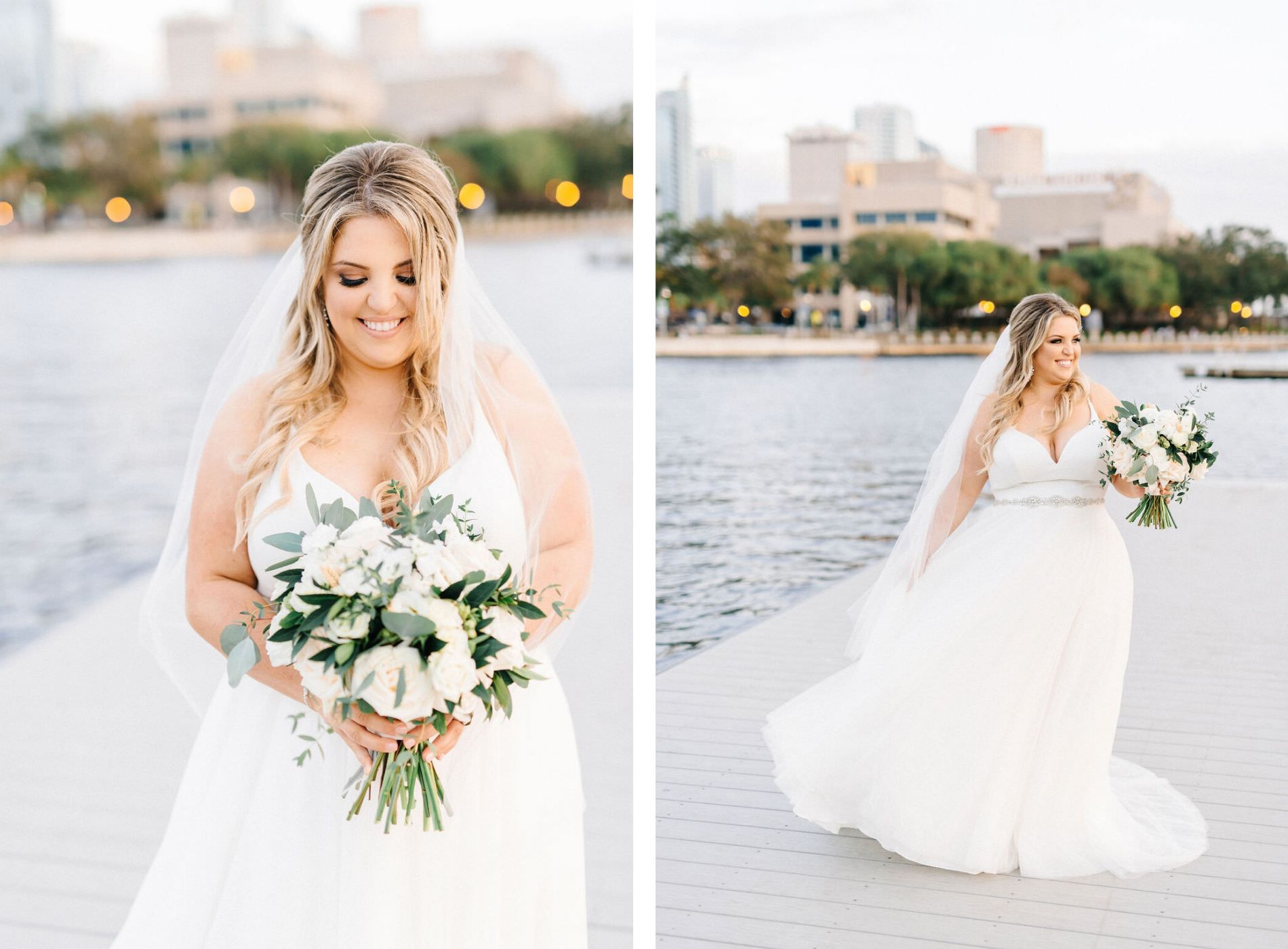 Classic Tampa Bay Bride Holding Elegant Bouquet, With White Roses, Ivory Florals and Greenery, Florida Waterfront Bridal Portrait at Tampa River Center | Florida Wedding Planner UNIQUE Weddings and Events