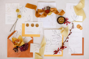 Vintage Bohemian Inspired Wedding Invitation Suite, Burnt Orange Envelope, White and Black Invitation, Warm Autumn Colors, Gold Wax Seal RSVP, Floral Accents | Tampa Bay Wedding Planner: Blue Skies Weddings and Events | Downtown St. Petersburg Wedding Photographer Lifelong Photography Studio
