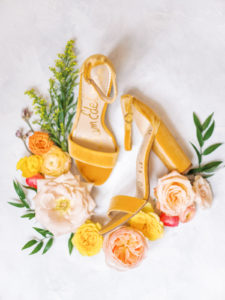 Elegant, Springtime Inspired Bridal Getting Ready Details, Mustard Open Toe Sam Edelman Velvet Yaro Block Heel Sandals, Romantic Bridal Bouquet with Vibrant Floral Stems, Pink Roses, Peach Carnations, Yellow Flowers | Florida Wedding Planner Kelly Kennedy Weddings and Events