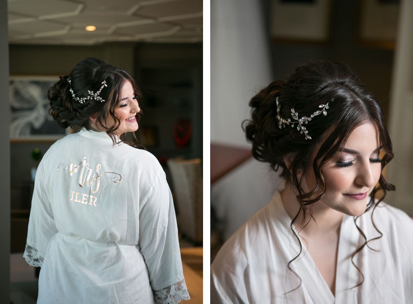 Romantic Bridal Updo with curls and Rhinestone Hair Clip Wearing White Custom Gold Font Robe | Wedding Photographer Carrie Wildes Photography | Wedding Hair and Makeup Michele Renee the Studio