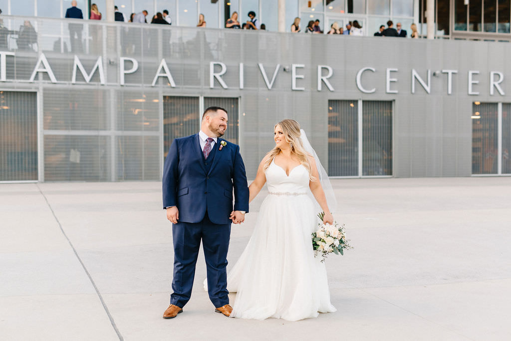 Classic Florida Bride and Groom Wedding Portrait in front of Tampa River Center