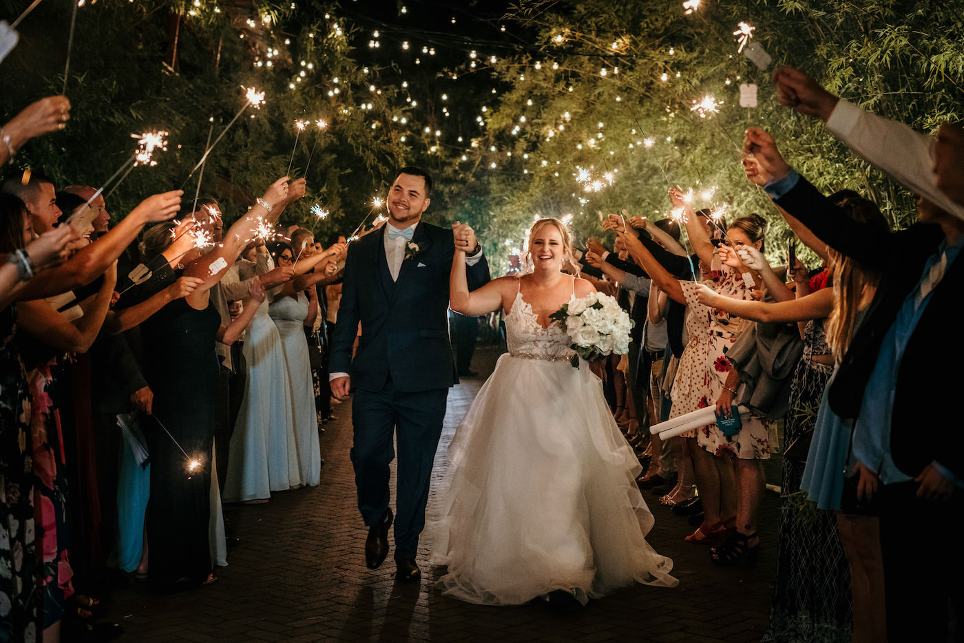 Tampa Bay Bride and Groom Whimsical Sparkler Wedding Exit in Bamboo Courtyard | Florida Wedding Photographer Bonnie Newman Creative | Downtown St. Pete Unique Wedding Venue NOVA 535