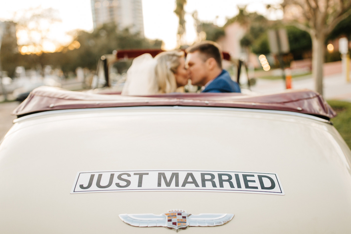 Tampa Bay Bride and Groom Just Married in Vintage Classic Car in Downtown St Petersburg