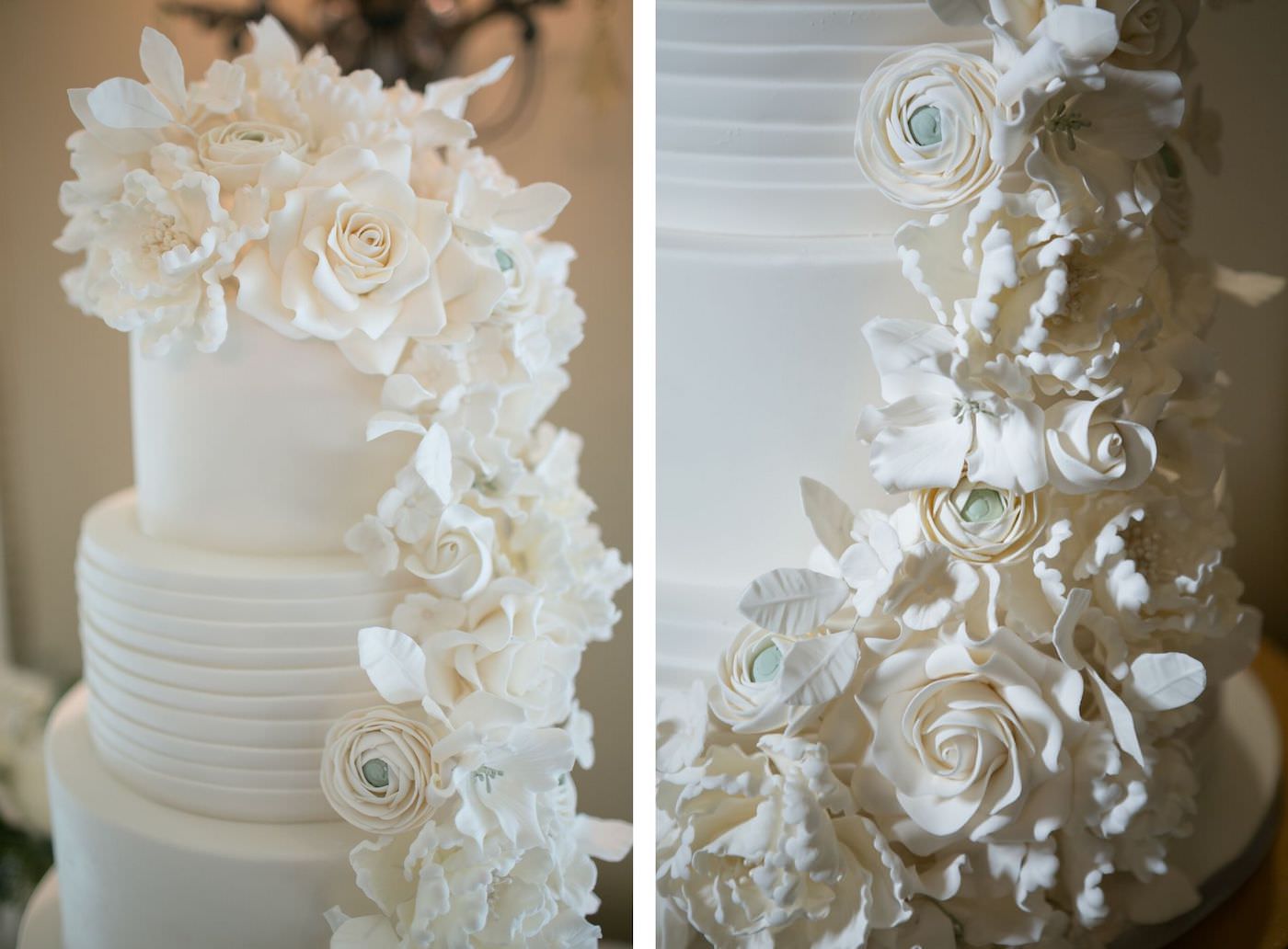 Classic White Buttercream Frosted Wedding Cake with Roses Sugar Flowers | Wedding Photographer Carrie Wildes Photography