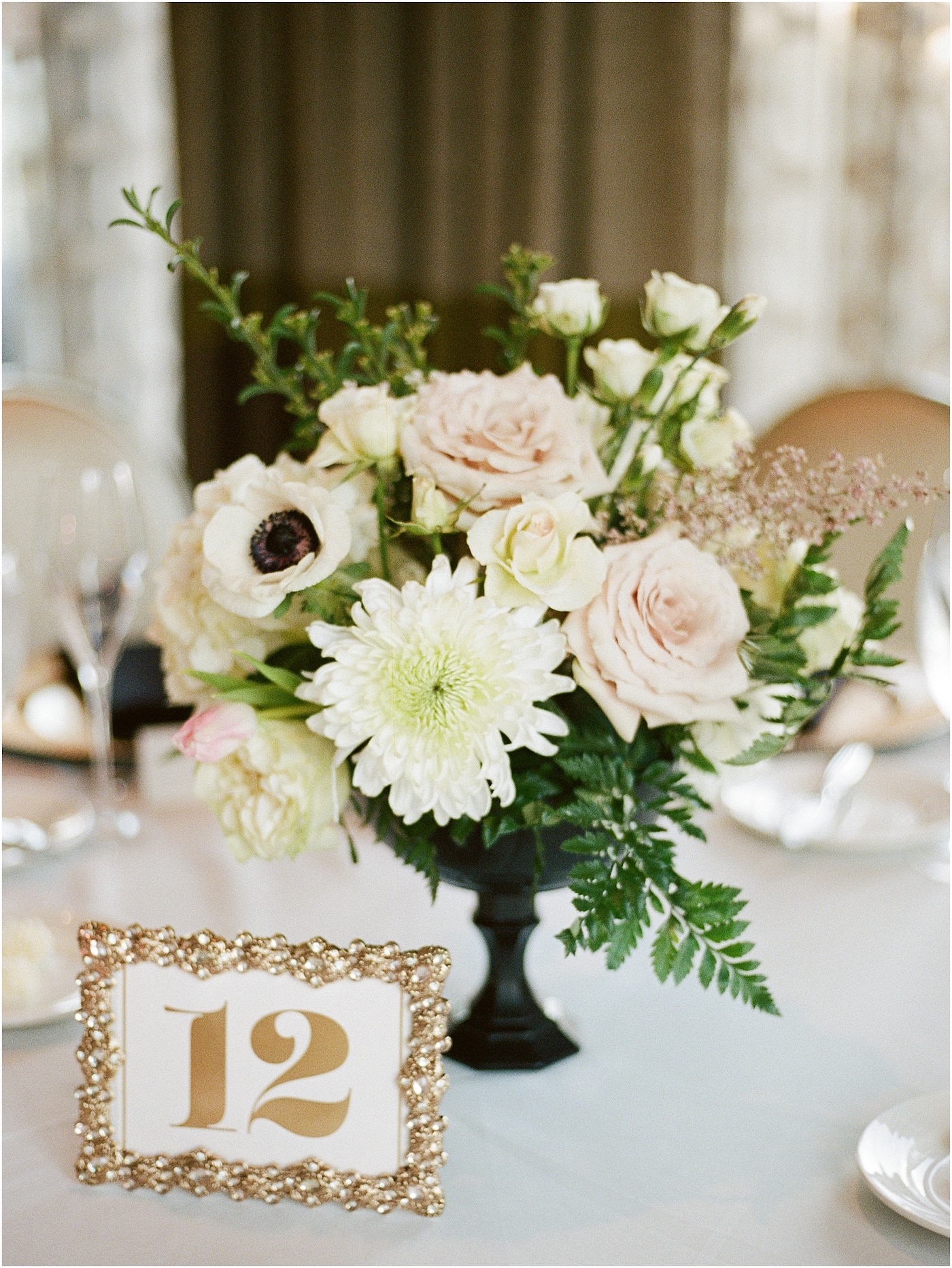 Black and White Wedding Centerpiece with Anemone Roses Chrysanthemums and Greenery | Gold Frame Table Number