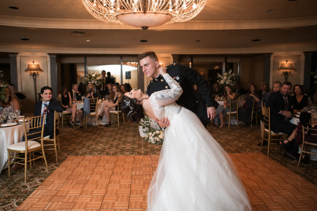 Romantic Bride and Military Groom Ballroom First Dance Wedding Portrait | Wedding Photographer Carrie Wildes Photography | Tampa DJ Graingertainment | Wedding Venue The Tampa Club