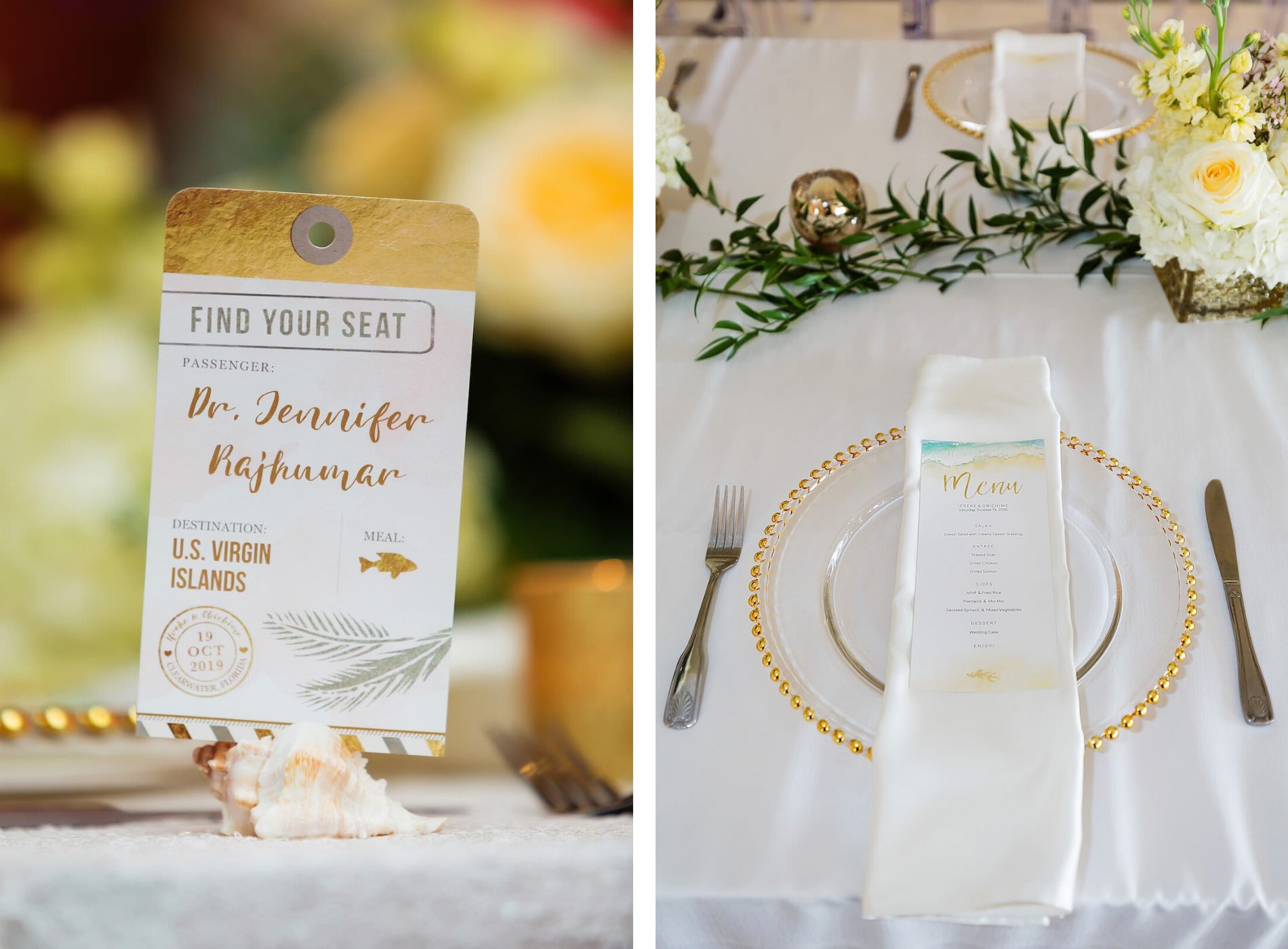 Travel Themed Wedding Reception Decor, Custom Airplane Ticket Seating Cards, Gold Beaded Chargers, White Linens, Custom Dinner Menu | Tampa Bay Wedding Planner Special Moments Event Planning | Wedding Rentals Gabro Event Services