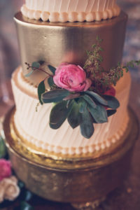Gold and Ivory Textured Buttercream Wedding Cake with Fresh Flowers and Succulent on Round Ornate Gold Cake Stand | Tampa Wedding Bakery The Artistic Whisk