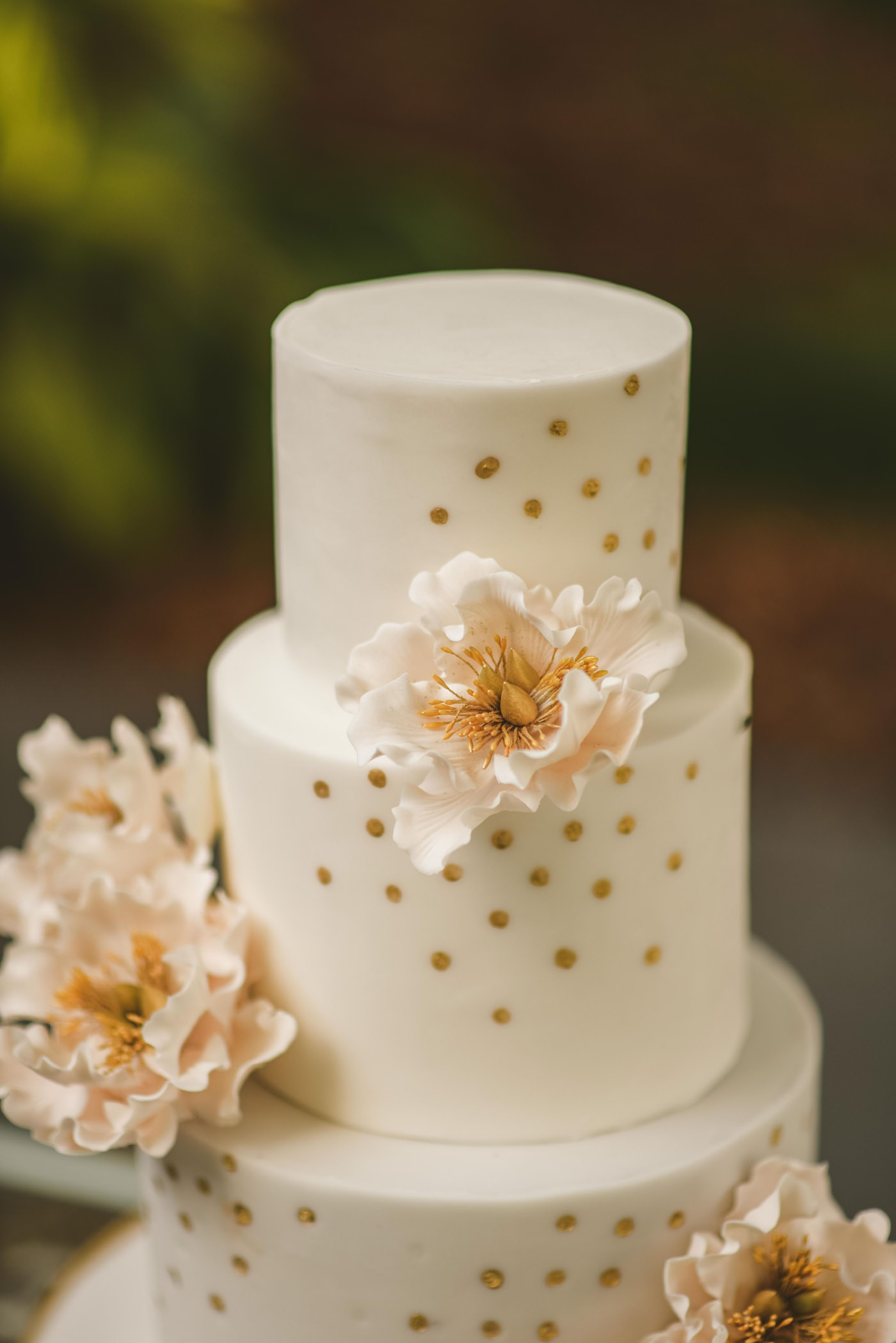 Tampa Bay Cake Company Three Tier Wedding Cake with Rose Gold Polka Dots and Blush Pink Sugar Flower Peonies