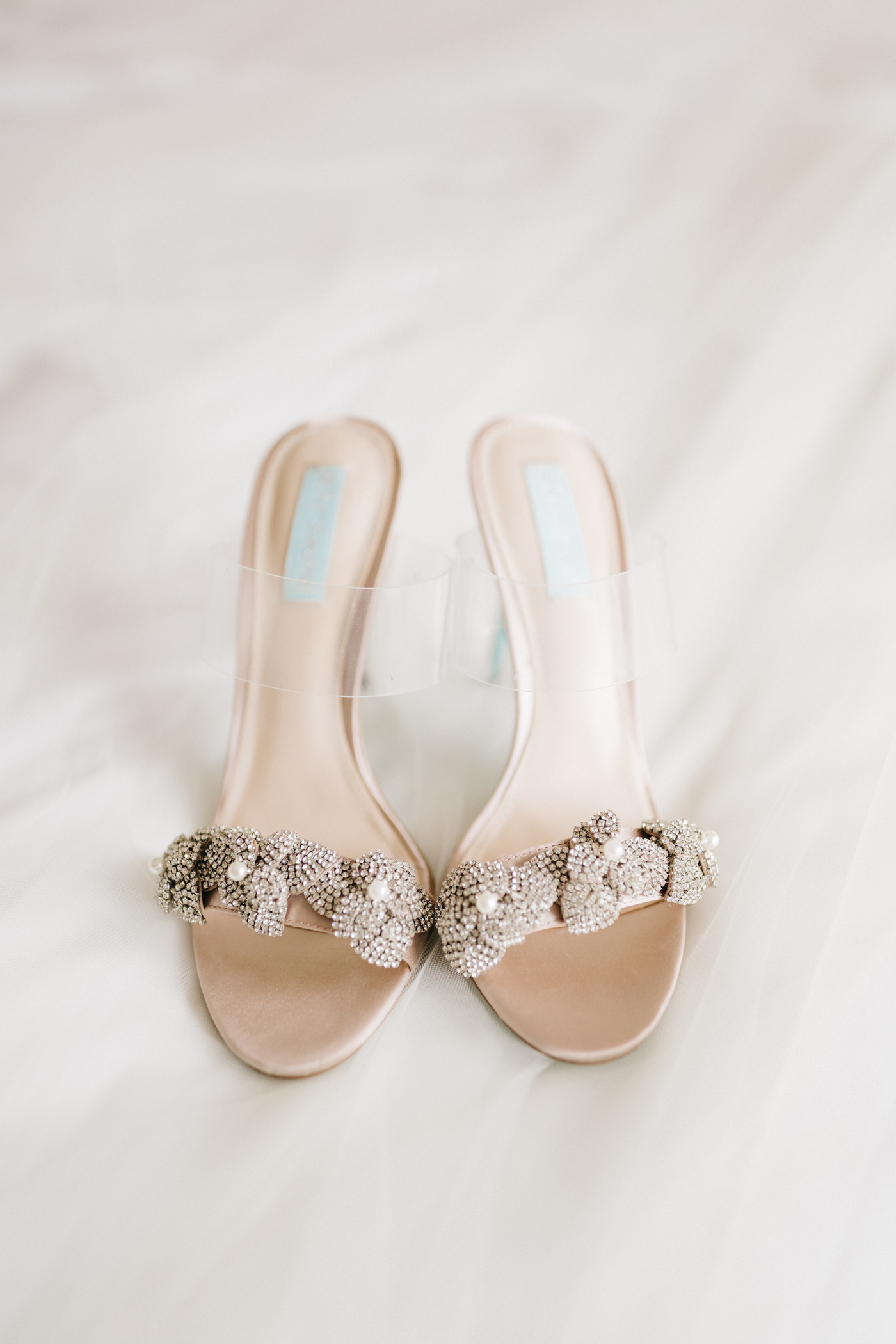 Florida Wedding Details, Betsey Johnson Bridal Shoes, Floral Crystal Floral Embellishment, Clear Strap Open Toe Heels | Tampa Bay Wedding Planner Parties A’ La Carte