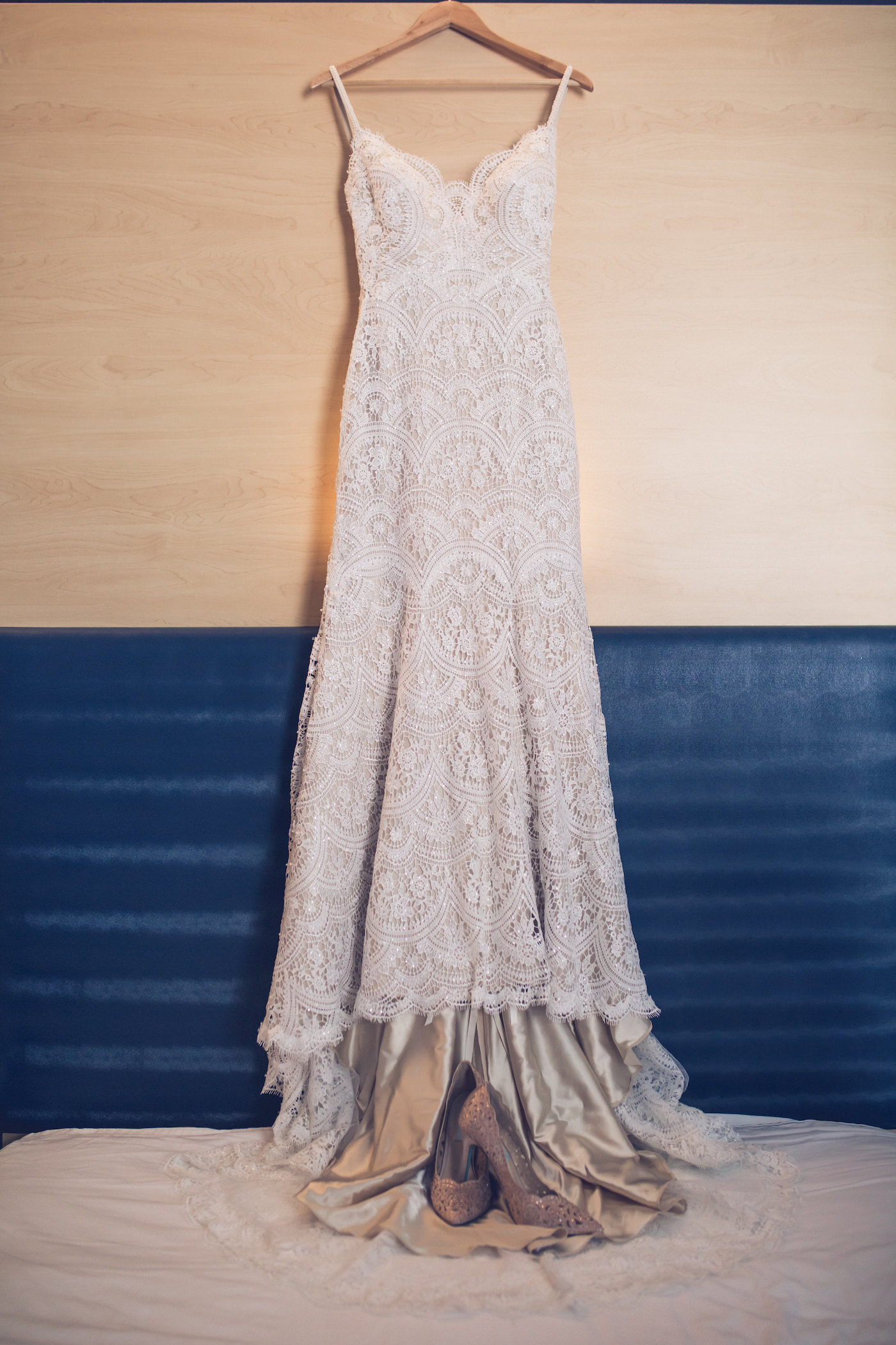 Wedding Dress Hanger Shot | Champagne Lace Sheath Spaghetti Strap Bridal Gown with Scalloped Edge Eyelash Lace