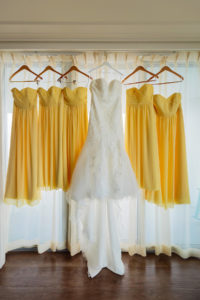 Lace Sleeveless and Sweetheart Wedding Dress, Yellow Matching Bridesmaids Dresses