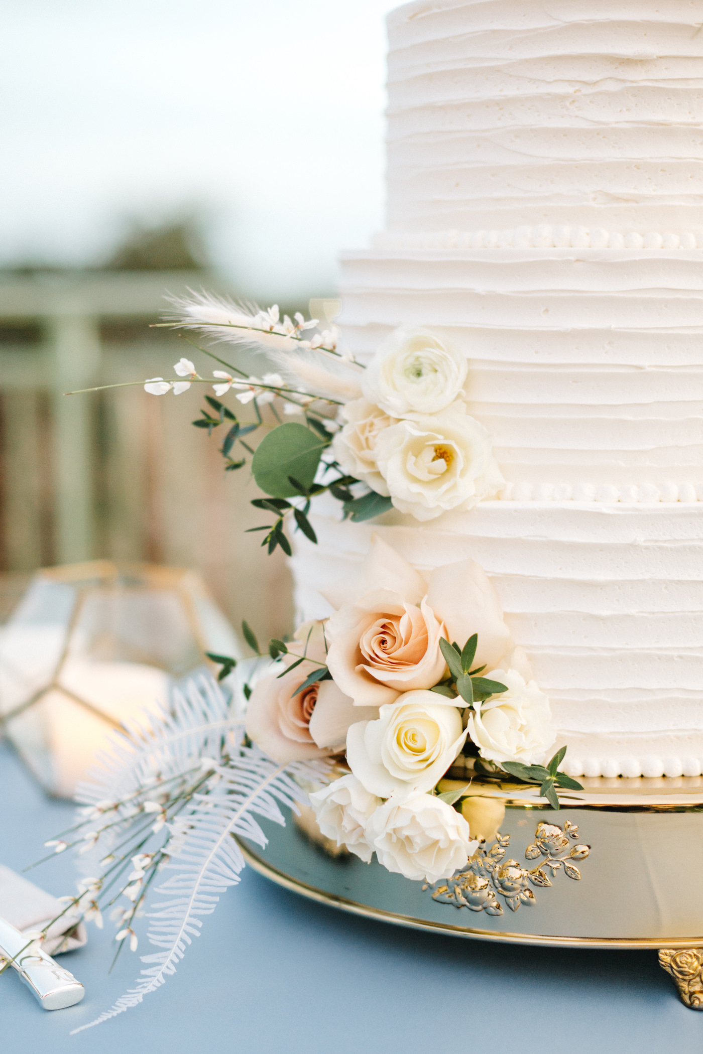 Elegant Buttercream Wedding Cake, White Textured Frosting the Boho Chic Inspired Floral Accents, Blush Pink Roses, Ivory Flowers, Pampas Grass, Gold Cake Stand