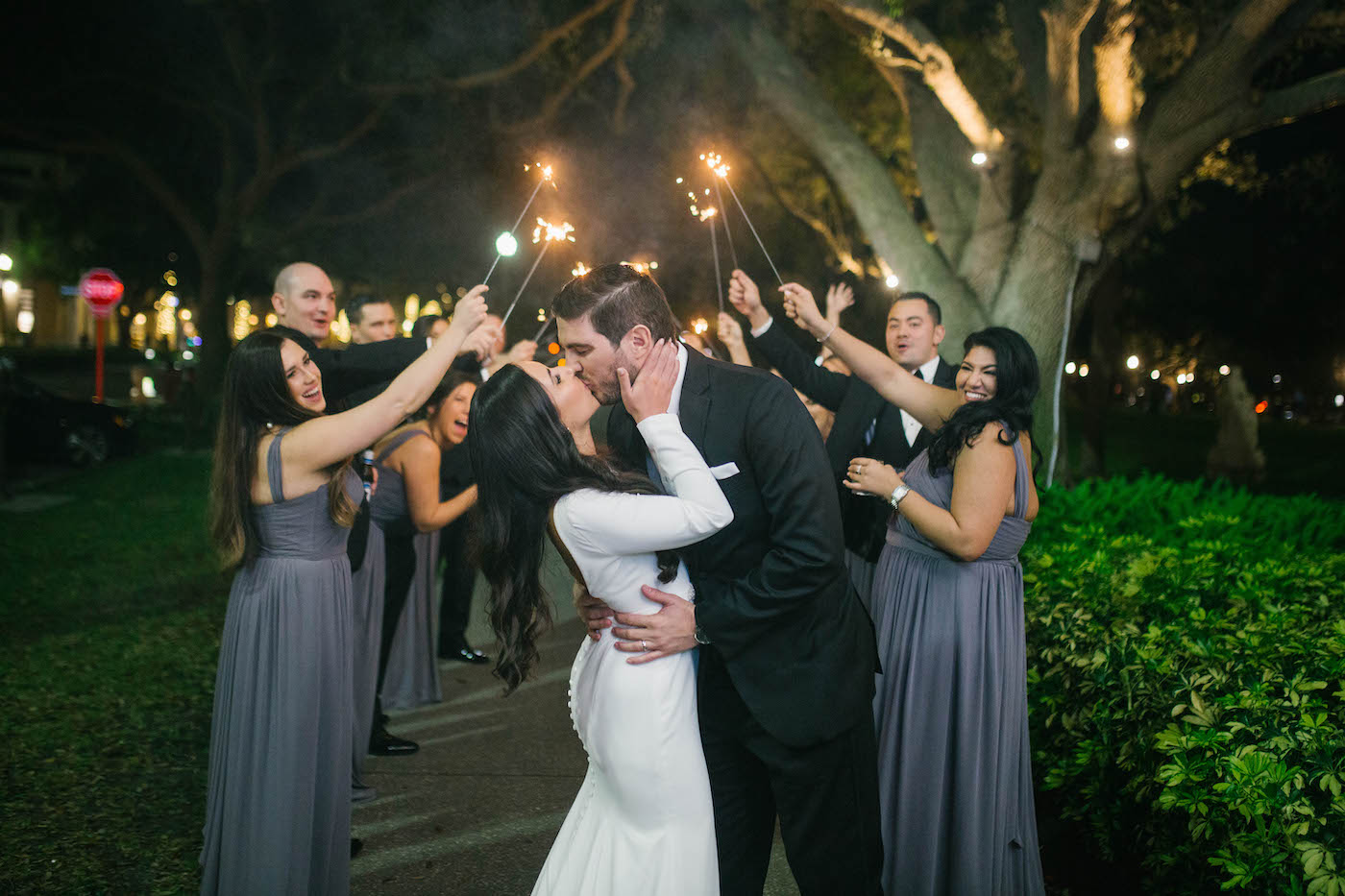 Bride and Groom Kiss Wedding Sparkler Exit | Tampa Bay Wedding Planner Parties A'la Carte