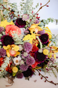 Vintage Bohemian Inspired Florida Wedding Bouquet, Textured Flowers with Orange, Purple, Yellow, Red, Eggplant and Ivory Floral Stems, Thistle, Roses | Tampa Bay Wedding Planner Blue Skies Weddings and Events | Downtown St. Petersburg Wedding Photographer Lifelong Photography Studio