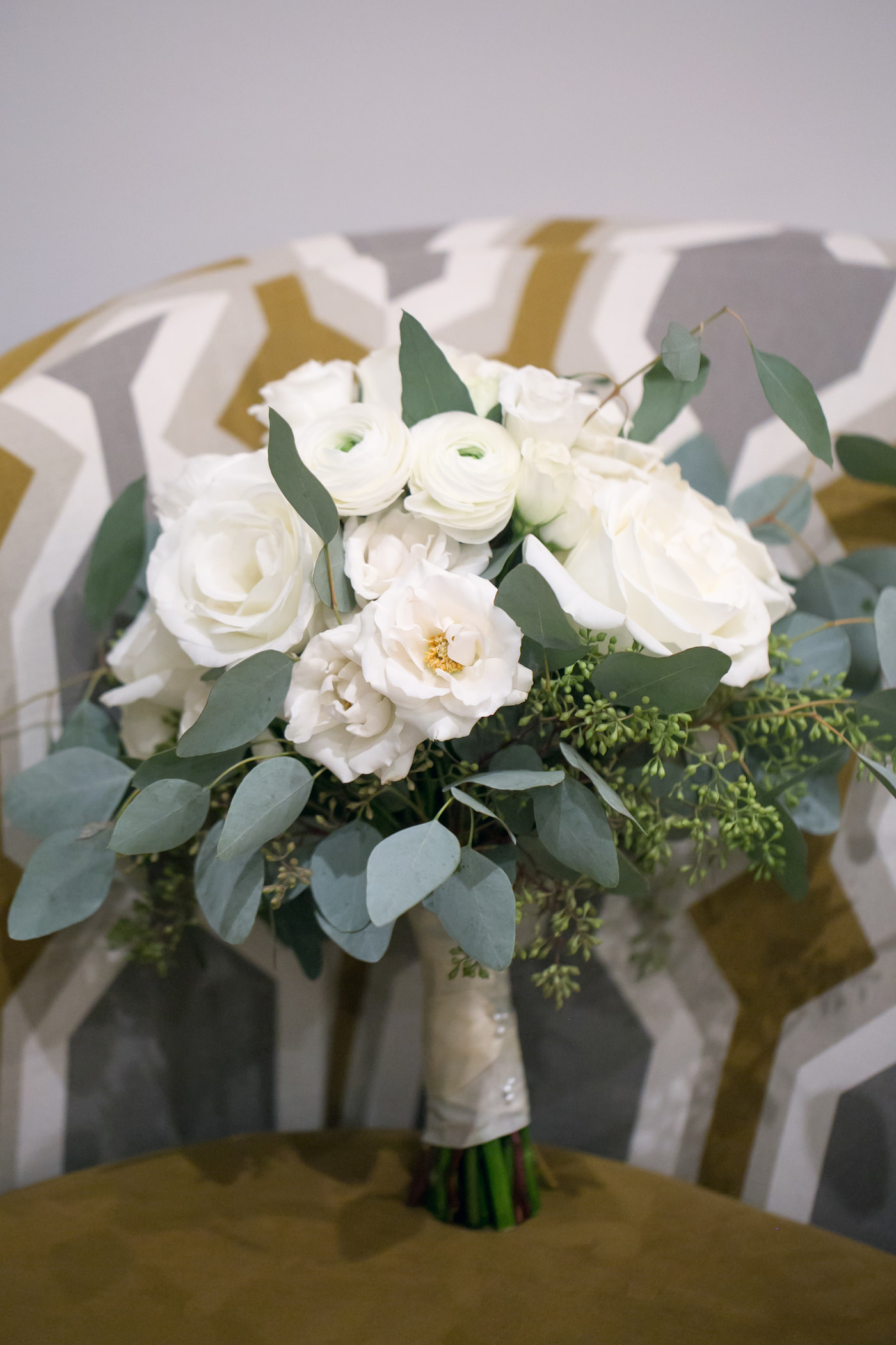 Elegant White Roses and Eucalyptus Floral Bridal Bouquet | Wedding Photographer Carrie Wildes Photography
