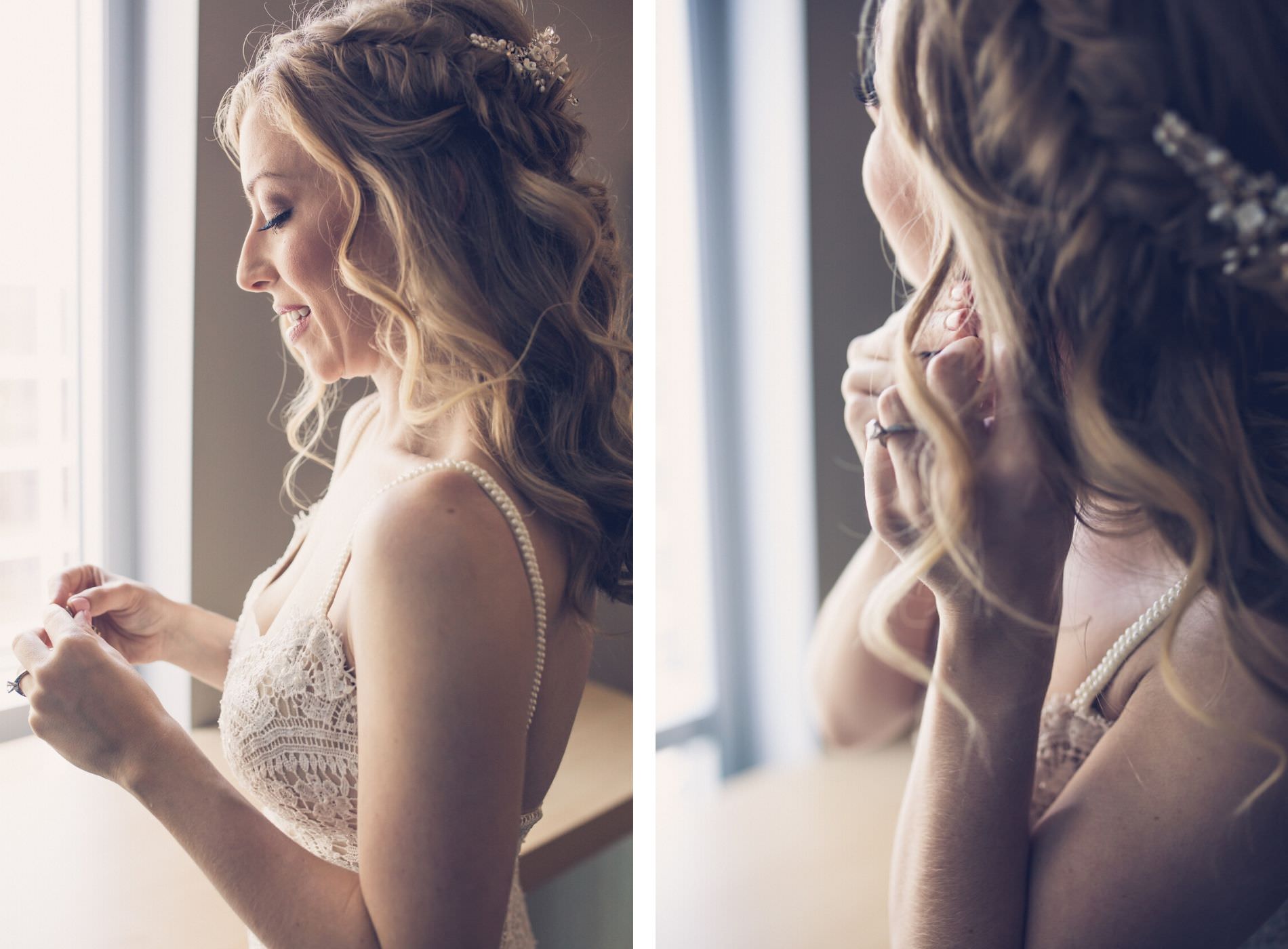 Bride Getting Dressed and Ready | Crown Braid Wedding Hairstyle Half Up Half Down with Soft Curls | Tampa Wedding Photographer Luxe Light Images | Tampa Wedding Hair and Makeup Femme Akoi Beauty Studio
