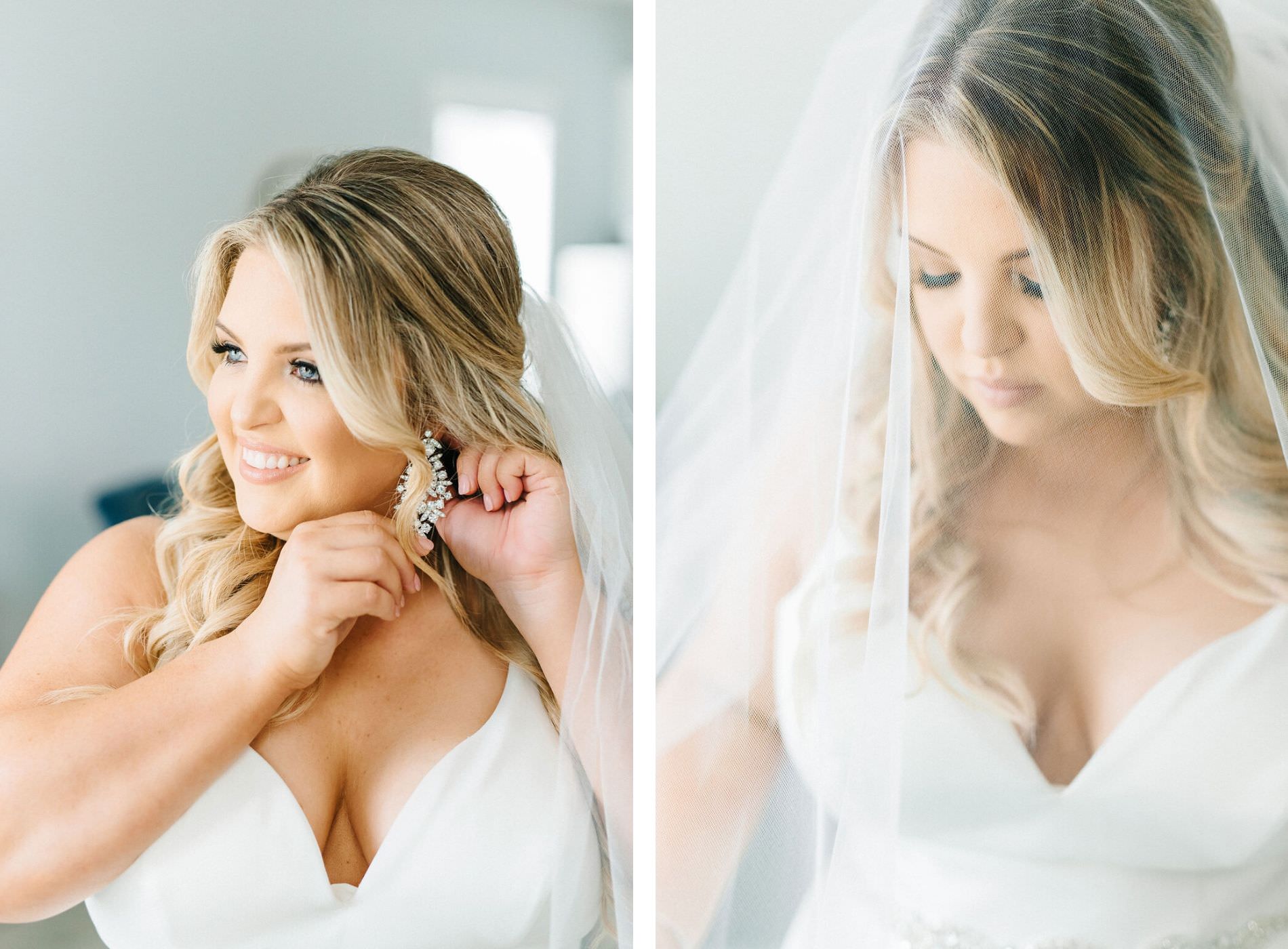 Classic Florida Bride Getting Wedding Ready with Diamond Dangle Earring, Elegant Tampa Bay Bridal Beauty Portrait with Veil
