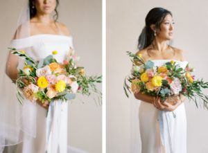 Florida Bride in Sophisticated Off The Shoulder White Wedding Dress with Beaded Veil, Holding Romantic Bridal Bouquet with Vibrant Floral Stems, Pink Roses, Peach Carnations, Yellow Flowers, Light Blue Ribbon Accent | Florida Wedding Planner Kelly Kennedy Weddings and Events