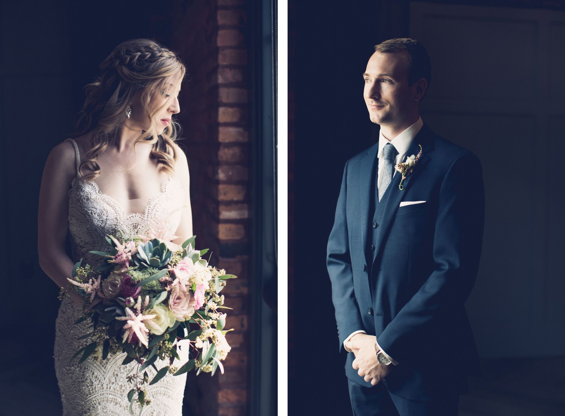 Bridal and Groom Portrait | Groom Wearing Classic Navy Suit | Bridal Wedding Bouquet with Dusty Rose Astilbe and Pink Ranunculus with White Roses and Succulents and Eucalyptus Greenery | Tampa Wedding Photographer Luxe Light Images | Tampa Wedding Hair and Makeup Femme Akoi Beauty Studio