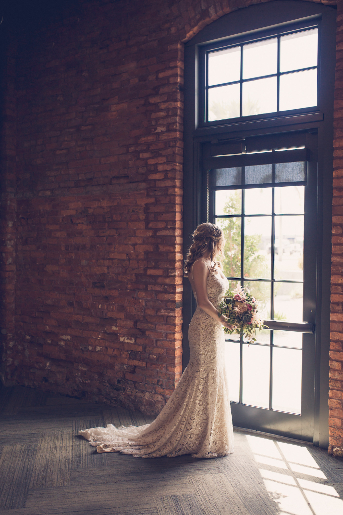 Champagne Lace Sheath Spaghetti Strap Bridal Gown with Train | Tampa Wedding Photographer Luxe Light Images | Tampa Wedding Hair and Makeup Femme Akoi Beauty Studio