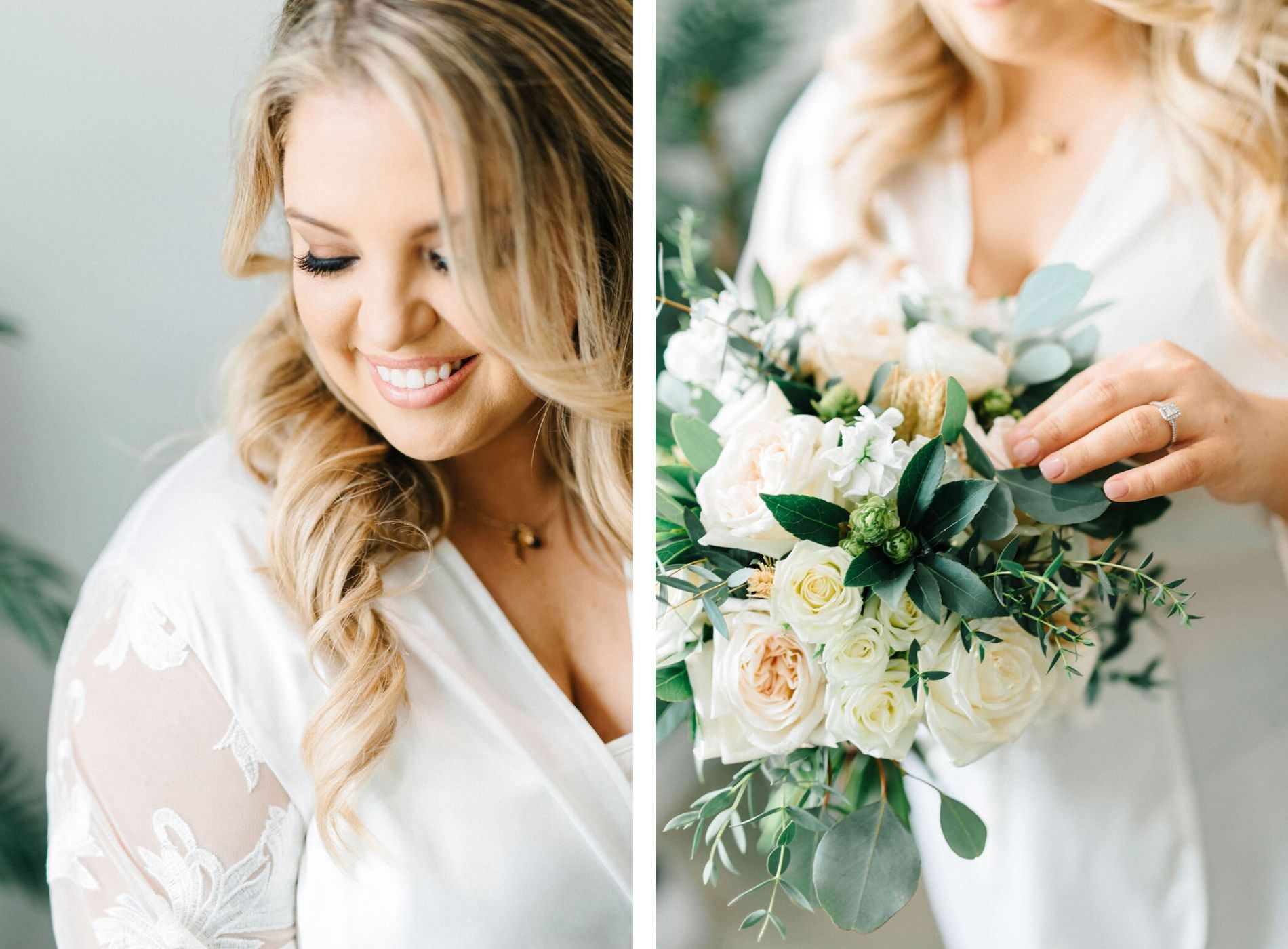 Classic Florida Bride Getting Wedding Ready with Elegant Bridal Bouquet, Ivory Roses, White Flowers and Blush Pink Florals, With Greenery | Tamp Wedding Planner UNIQUEnWeddings and Events