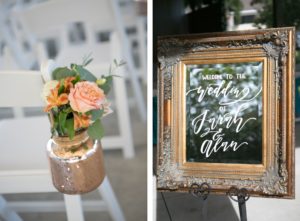 Tampa Wedding Ceremony Decor, Gold Mercury Jar with Pink Rose, Orange and Greenery Floral Arrangement, Antique Gold Fram Mirror Welcome Sign | Wedding Photographer Carrie Wildes Photography