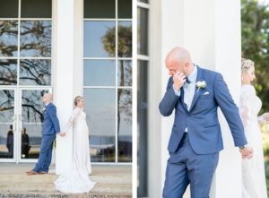 Bride and Groom First Touch at Tampa Wedding Venue the Tampa Garden Club | Bride and Groom Reading Vows | Groom in Blue Suit