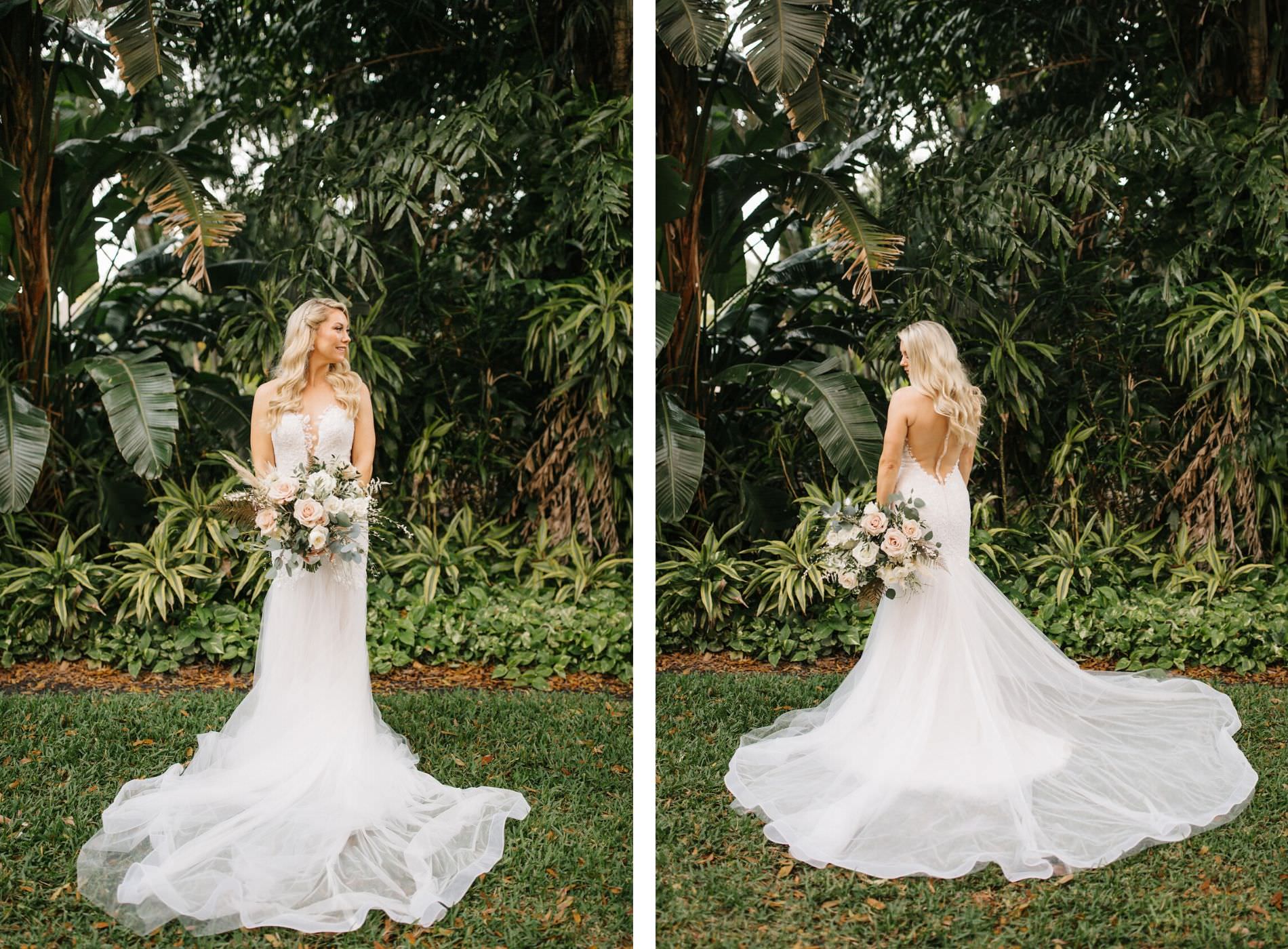 Boho Chic Inspired Florida Bride, Ashley Stegbauer Morrison Wearing Boho Chic Inspired Ines Di Santo Lace Tulle Wedding Dress, White Fit and Flare with Plunging Neckline, V Shaped Open Back, Holding Lush Ivory Flowers and Blush Pink Roses, Pampas Grass, Bouquets with Greenery | Downtown St. Pete Wedding Planner Parties A’ La Carte | Luxury Florida Wedding and Bridal Dress Shop Isabel O’Neil Bridal Collection | Wedding Planner Parties A'la Carte