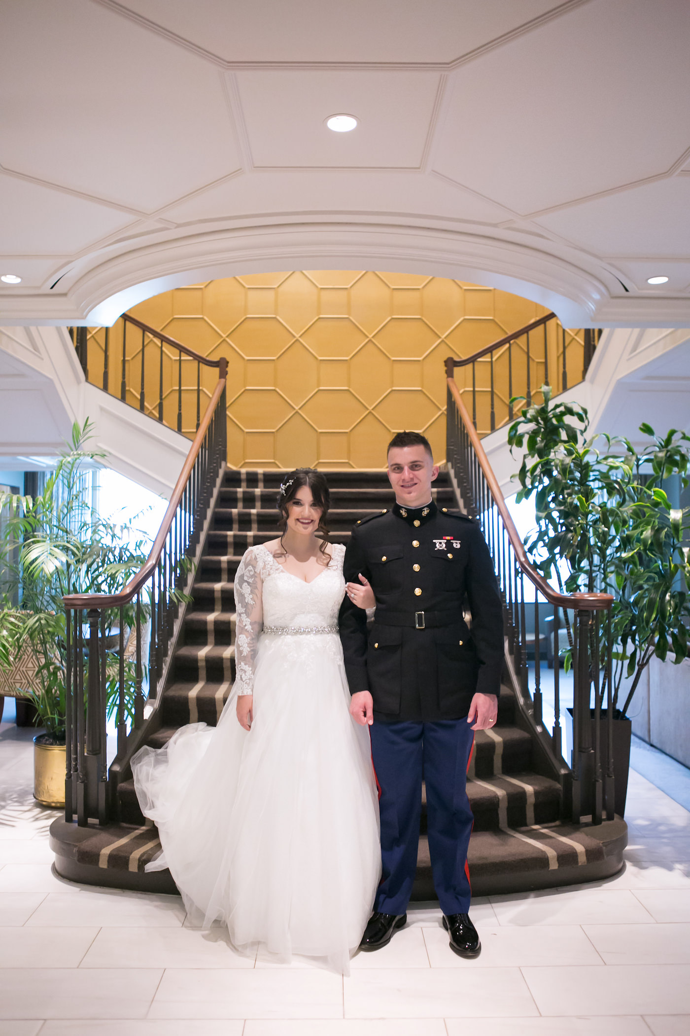 Florida Bride and Military Groom in Dress Blues Uniform Portrait at Wedding Venue The Tampa Club | Wedding Photographer Carrie Wildes Photography