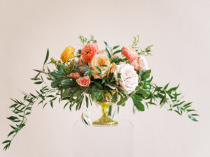 Elegant, Springtime Inspired Wedding Decor and Centerpiece, Vibrant Floral Stems, Pink Roses, Peach Carnations, Yellow Flowers, with Greenery in Vintage Gold Base | Florida Wedding Planner Kelly Kennedy Weddings and Events