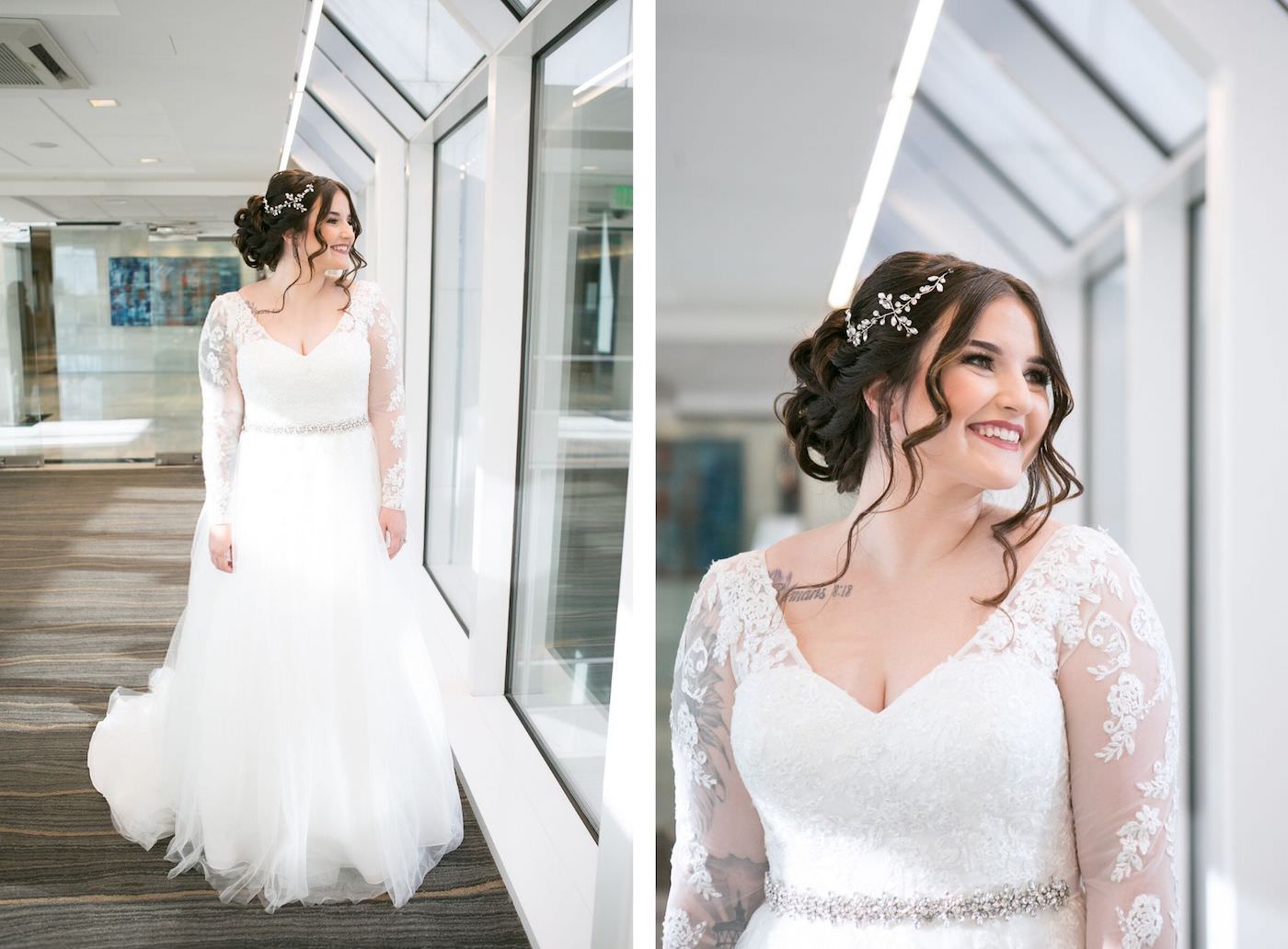 Tampa Bride Beauty Wedding Portrait in Long Sleeve Lace V Neckline Empire Waist and Tulle with Rhinestone Belt Wedding Dress, Romantic Curled Updo with Rhinestone Hair Clip | Wedding Photographer Carrie Wildes Photography | Wedding Hair and Makeup Michele Renee the Studio